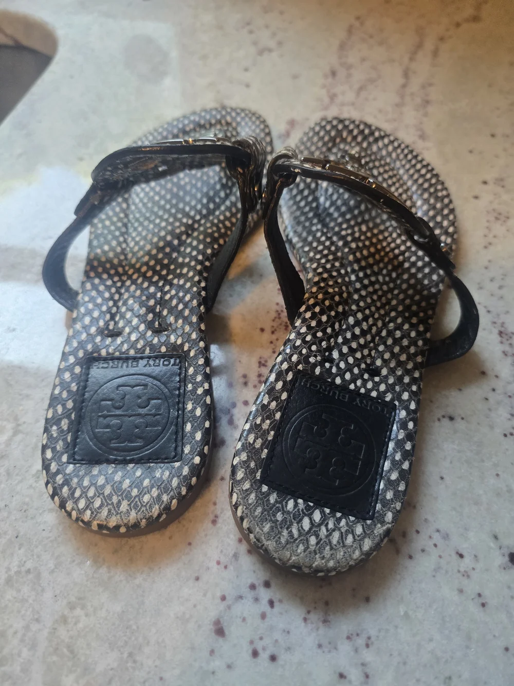 Tory Burch Black & White Snakeskin-Print Miller Thong Sandals